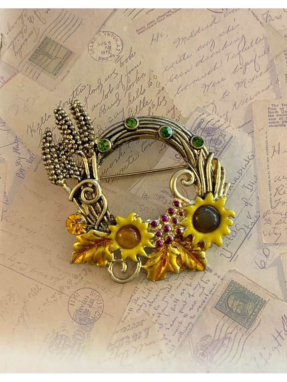 Vintage Autumn Harvest Wreath Sunflowers & Wheat Brooch Pin